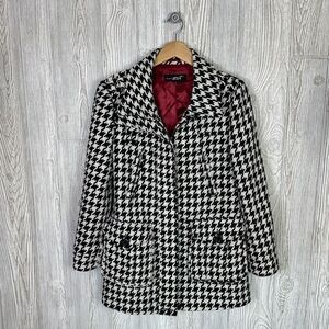 Black Rivet Houndstooth Wool Blend Coat Zip Front Black White Womens Medium